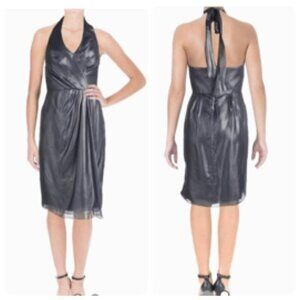 Vera Wang Satin Chiffon Halter V Neck Cocktail Dress Size 6 Navy Metallic